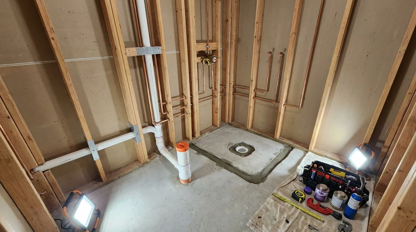 Bathroom rough-in plumbing during remodel by Johns Plumbing LLC in Panora