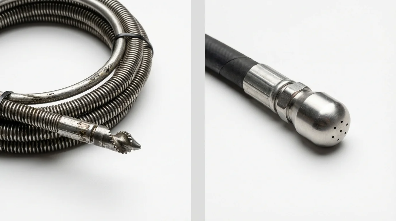 Drain snake cable and hydro jetting nozzle used for drain cleaning in Panora, IA