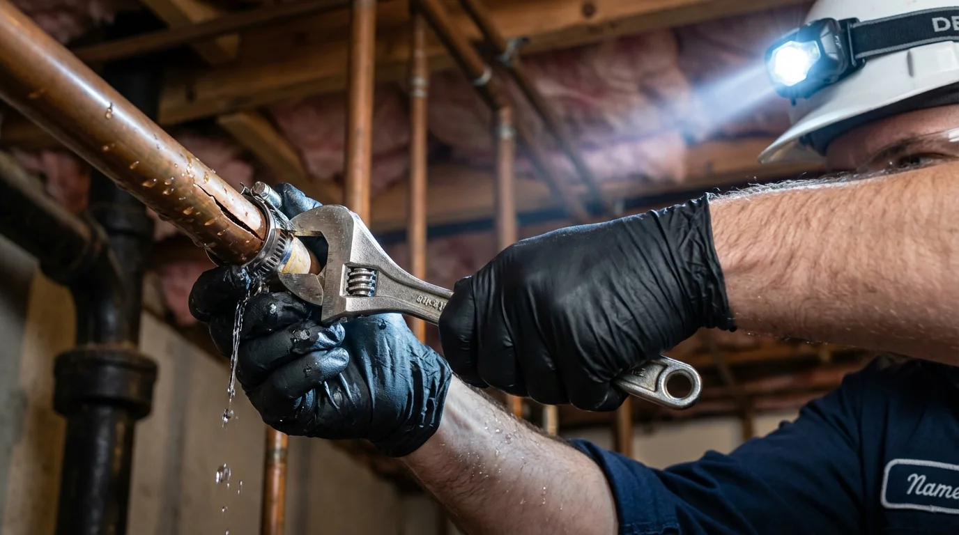 Emergency pipe clamp repair being performed by a Johns Plumbing LLC plumber in Panora