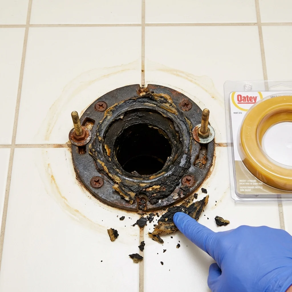Failed wax ring showing water seepage at the base of a toilet in a Panora, IA home