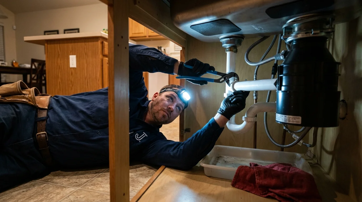 P-trap and supply line connections under a kitchen sink showing a common leak point in Panora, IA